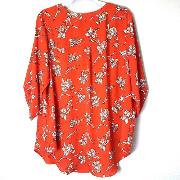 Worthington Women's Size 1X Blouse Floral Orange 3/4 Sleeve Roll- Tab Chiffon - Picture 9 of 11